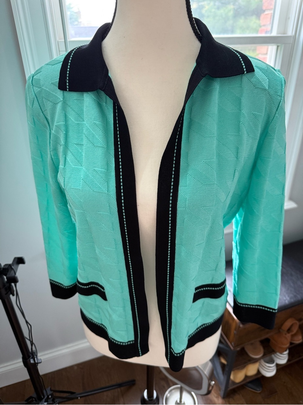 Ming Wang Aqua Mint SeafoamGreen Open-Front Blazer with Black Trim small